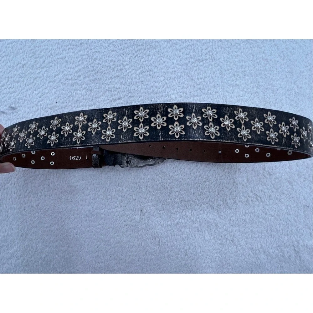 Womens Distressed Black  Floral Studded Rhinestone Rodeo Buckle Belt 1629 L